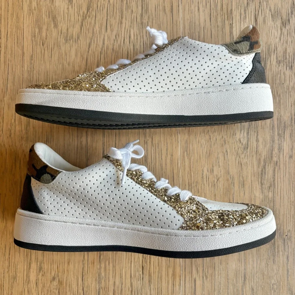 $120 VINTAGE HAVANA Gold Glitter Calf Hair Sneakers Camo Tennis‎ Shoe SIZE 8 EUC